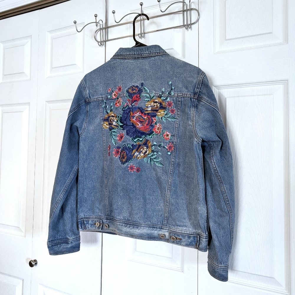 Floral Embroidered Denim Jacket Blu Pepper Women's Medium